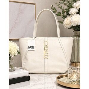 NWT Cavalli Class Cream Vegan Leather Large Tote Bag Spacious Chic Quiet Luxury